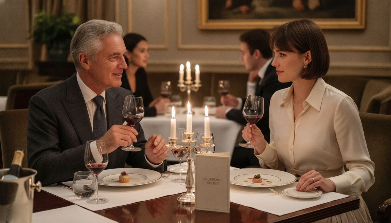 Sugar Daddy und Sugar Babe führen ein Gespräch beim Dinner