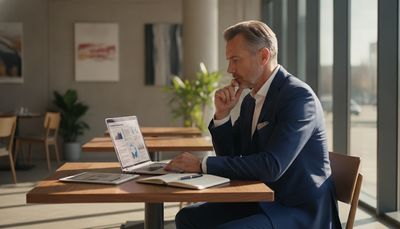 Mann recherchiert am Laptop Begriffe und Regeln im Sugar Dating